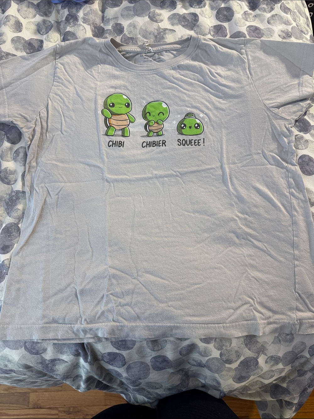 Light Gray Short Sleeve Tee with Green Chibi Turtle Graphic